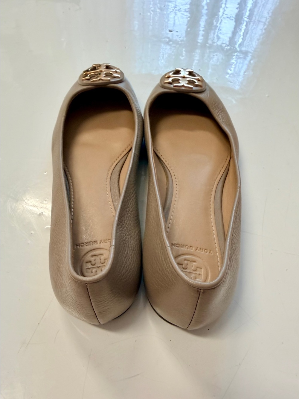 Tory Burch Taupe Leather Logo Ballet Flats with Gold Medallion - Picture 3 of 4